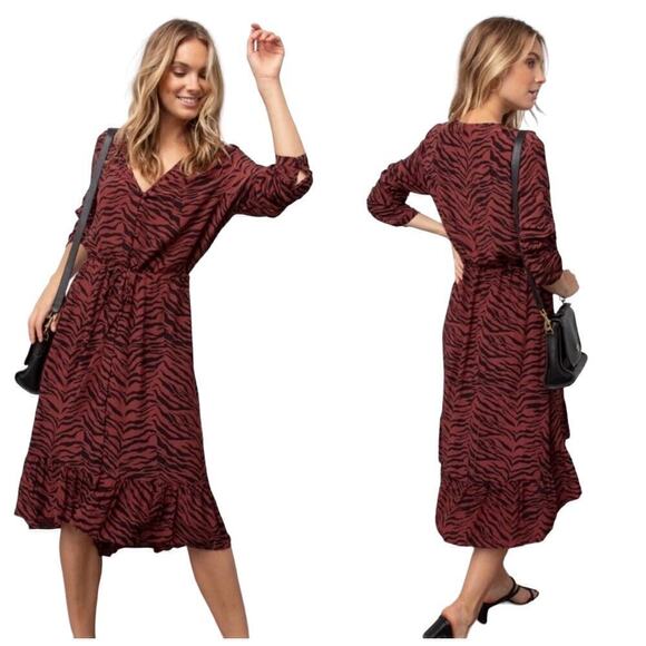 Rails V Neck Butto Front High-Low Jade Midi Dress in Rust Tiger Stripe size M - Picture 1 of 9